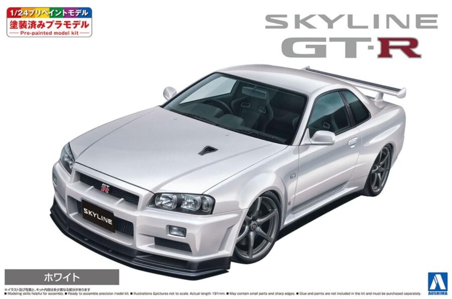 1:24 Scale Aoshima Nissan BNR34 Skyline GTR V-Spec II White Pre-Painted Model Kit