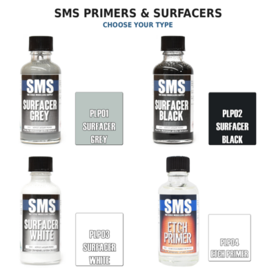 SMS primer and surfacer range PLP01 Grey, PLP02 Black, PLP03 White and PLP04 Etch Primer